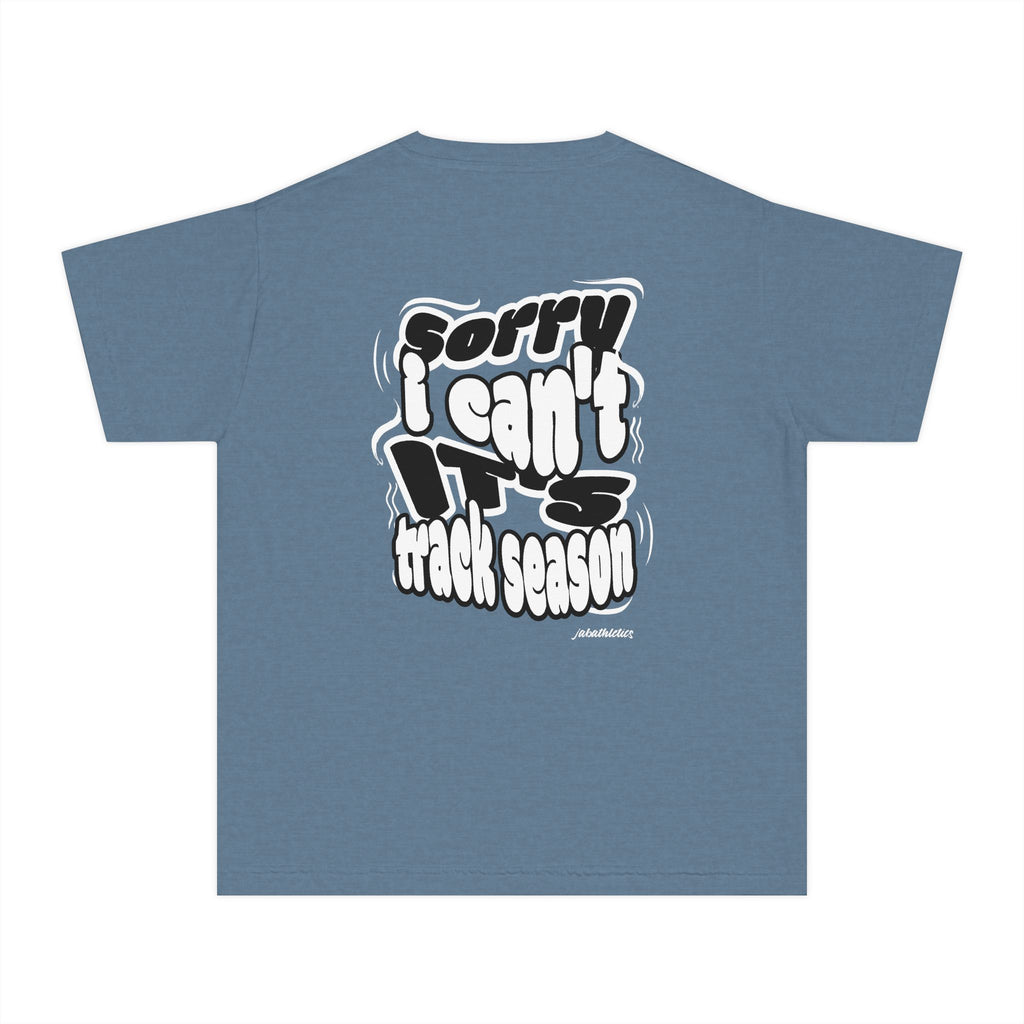 Youth “Sorry I Can’t, It’s Track Season” Retro Graphic Comfort T Shirt (Youth)