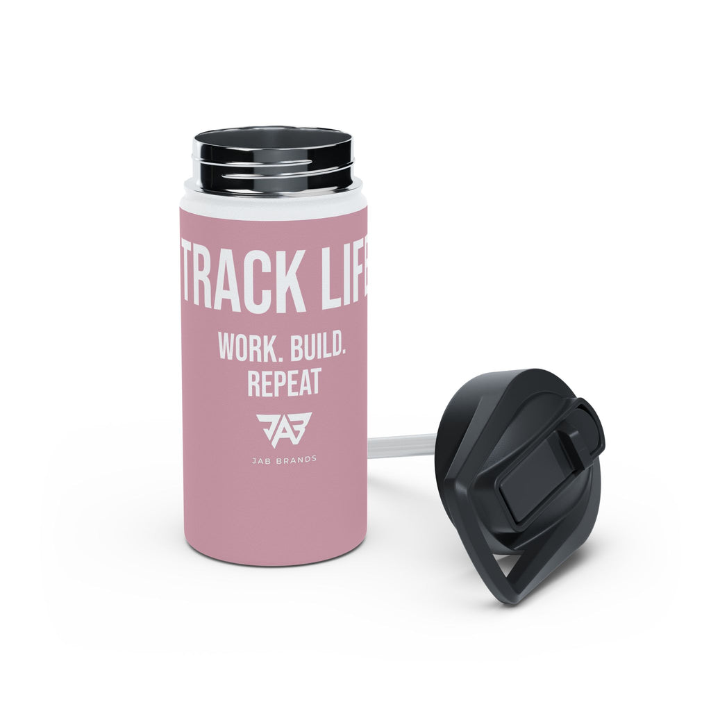 Pink Track Life Stainless Steel Water Bottle — "Work. Build. Repeat." Sports Bottle