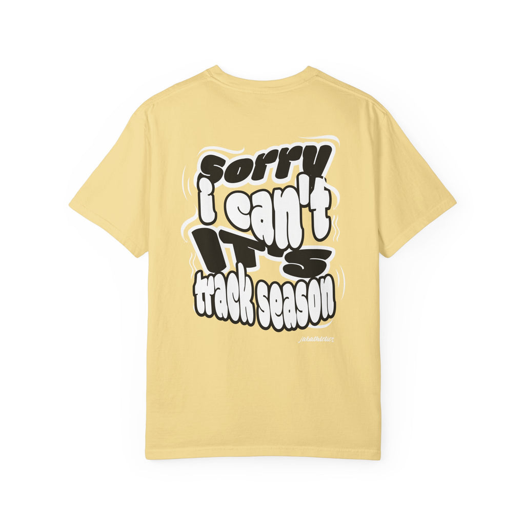 Adult “Sorry I Can’t, It’s Track Season” Retro Graphic Comfort T Shirt (Adult)