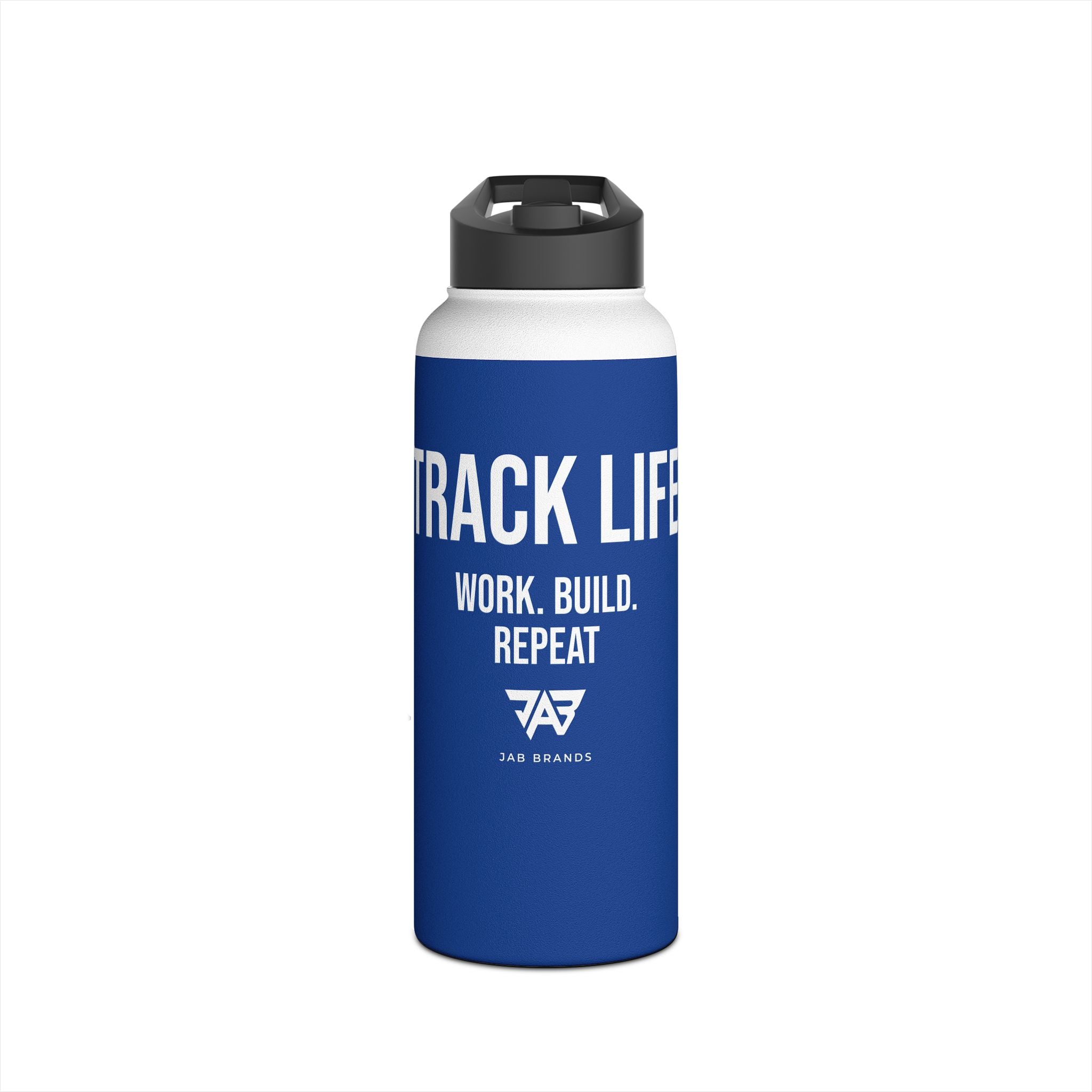 Blue Track Life Stainless Steel Water Bottle — "Work. Build. Repeat." Sports Bottle