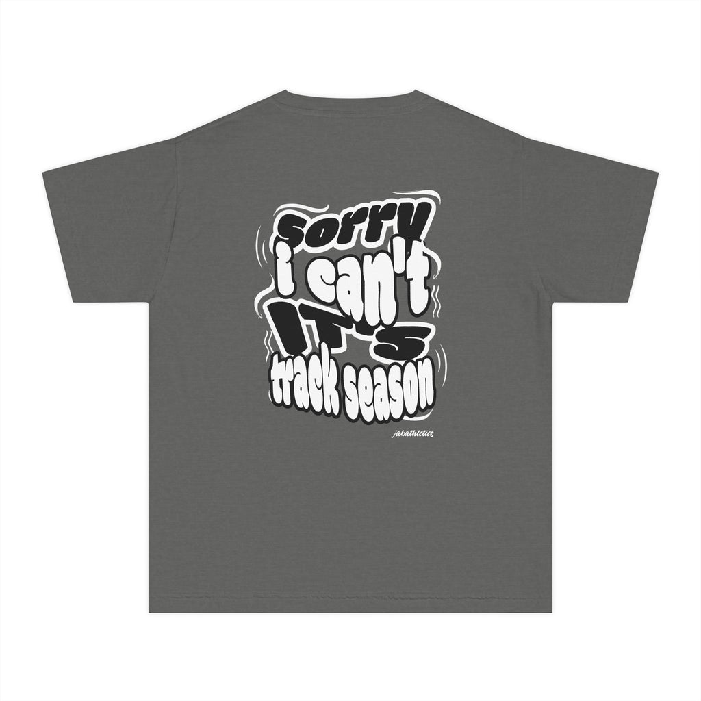 Youth “Sorry I Can’t, It’s Track Season” Retro Graphic Comfort T Shirt (Youth)