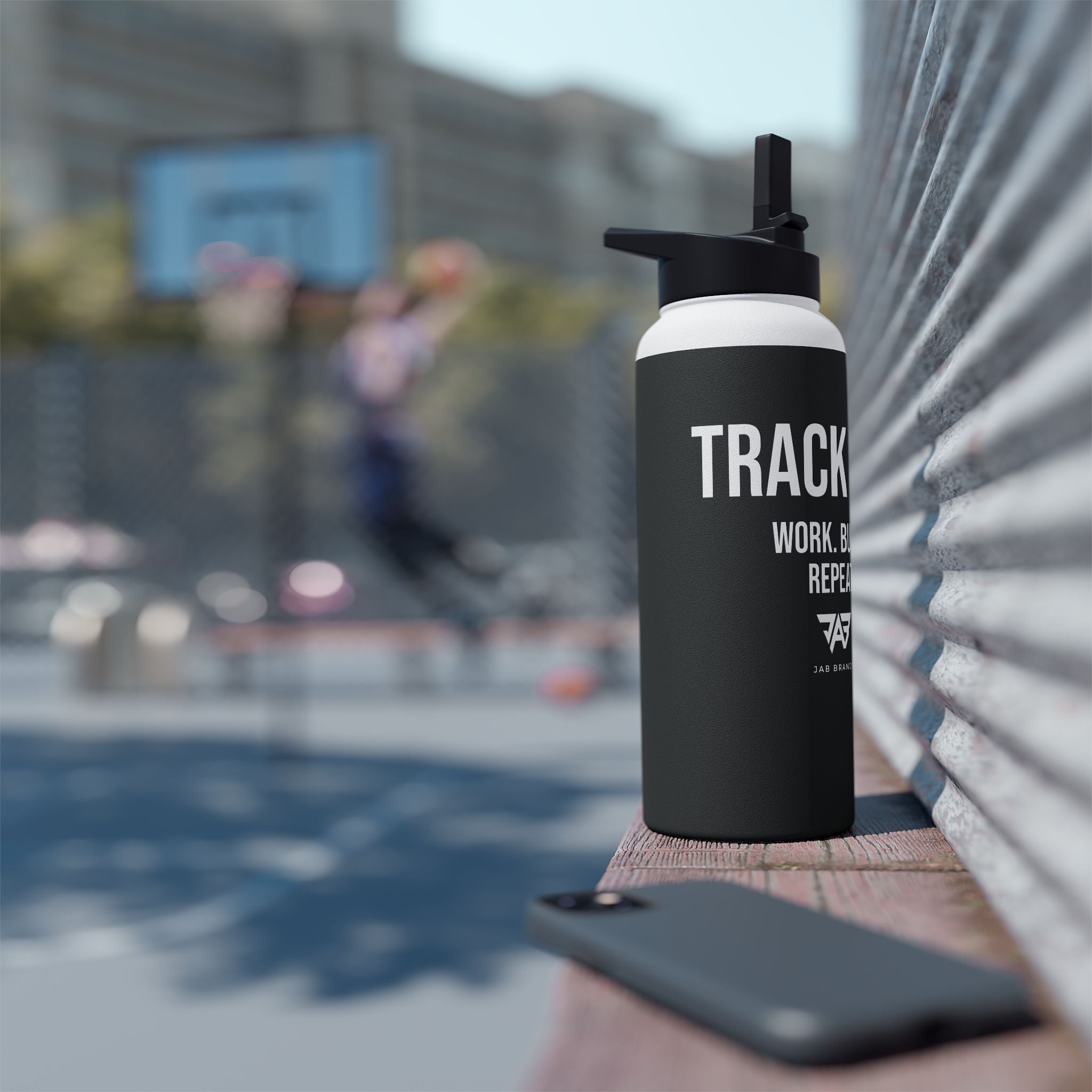 Black Track Life Stainless Steel Water Bottle — "Work. Build. Repeat." Sports Bottle