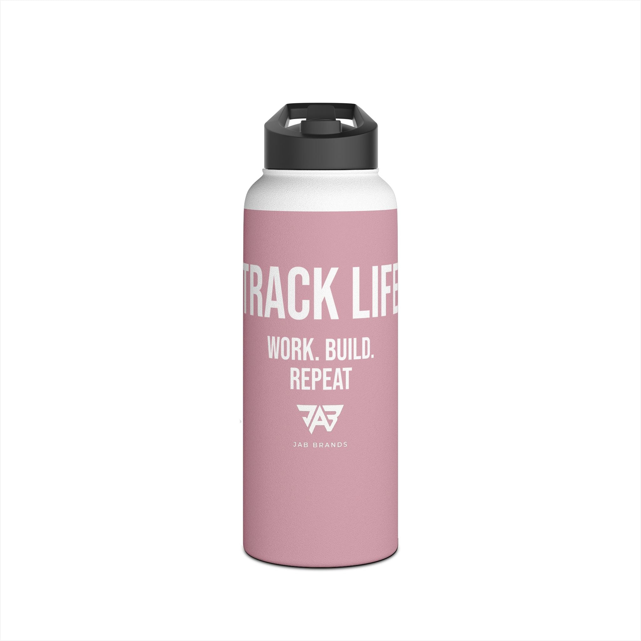 Pink Track Life Stainless Steel Water Bottle — "Work. Build. Repeat." Sports Bottle