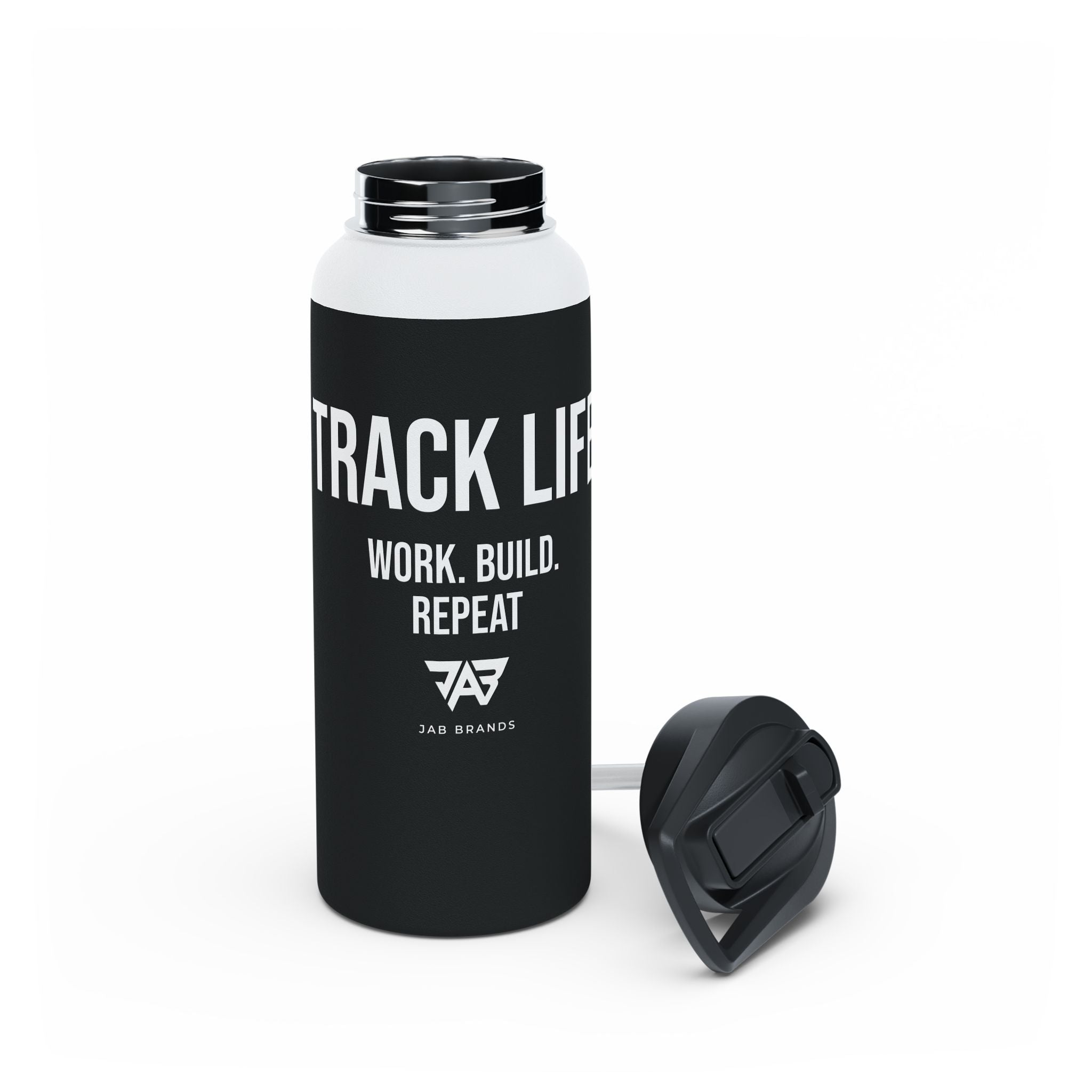 Black Track Life Stainless Steel Water Bottle — "Work. Build. Repeat." Sports Bottle