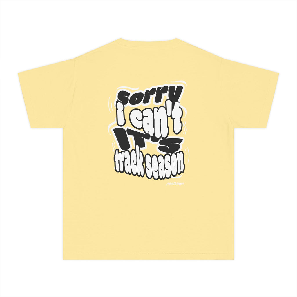 Youth “Sorry I Can’t, It’s Track Season” Retro Graphic Comfort T Shirt (Youth)