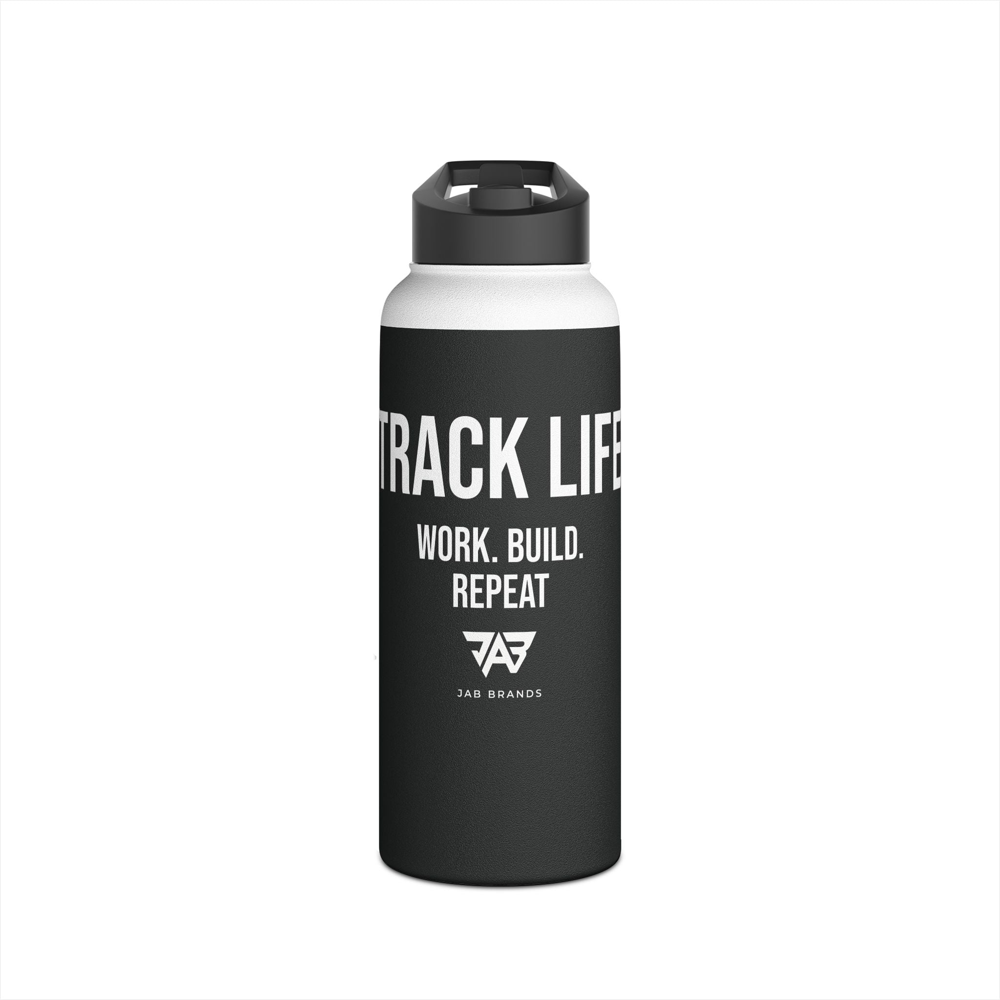 Black Track Life Stainless Steel Water Bottle — "Work. Build. Repeat." Sports Bottle