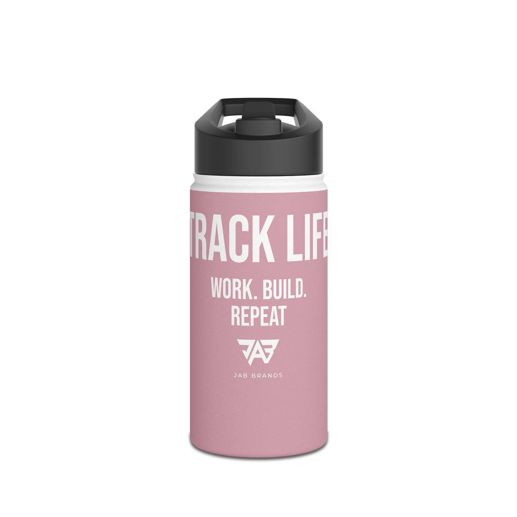 Pink Track Life Stainless Steel Water Bottle — "Work. Build. Repeat." Sports Bottle