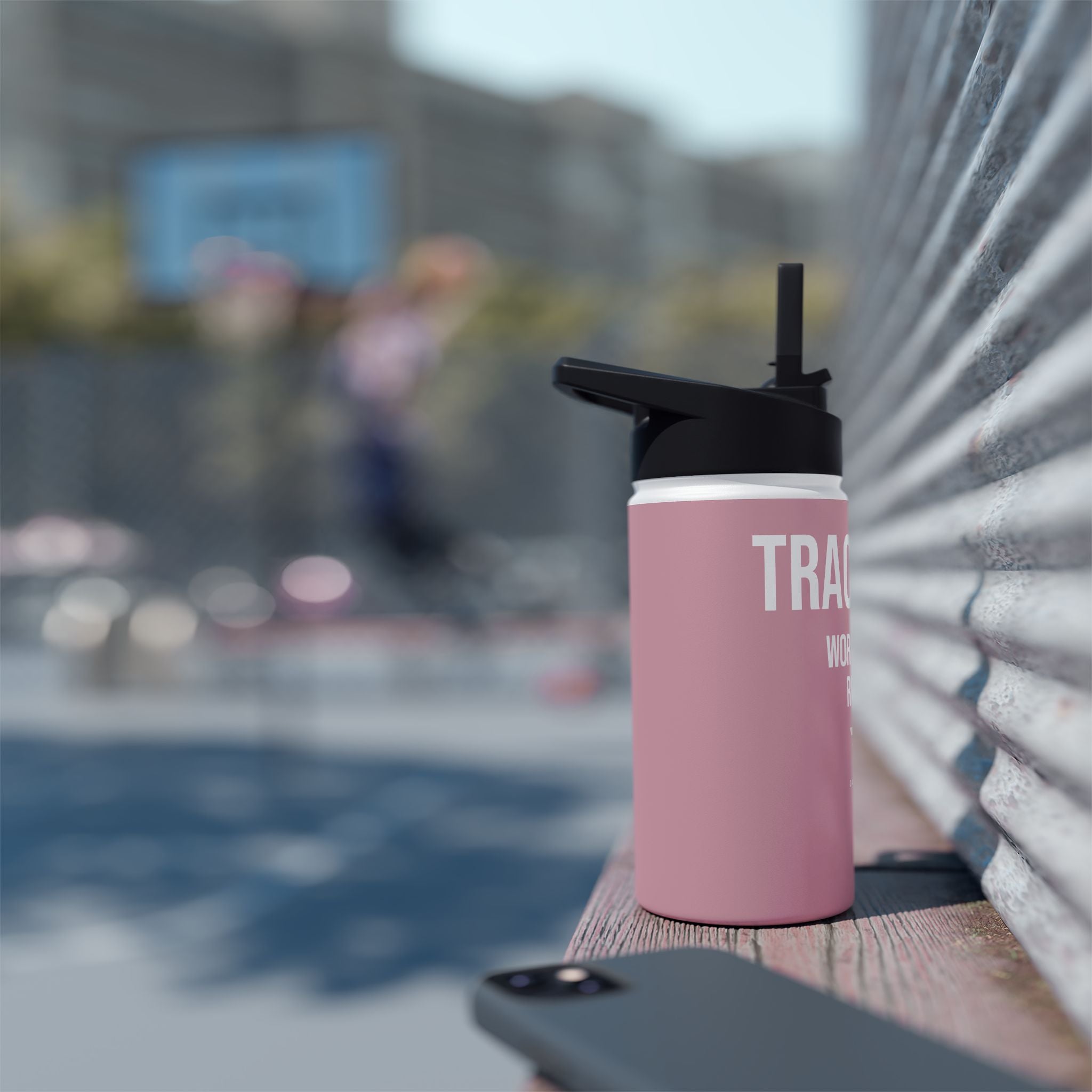 Pink Track Life Stainless Steel Water Bottle — "Work. Build. Repeat." Sports Bottle