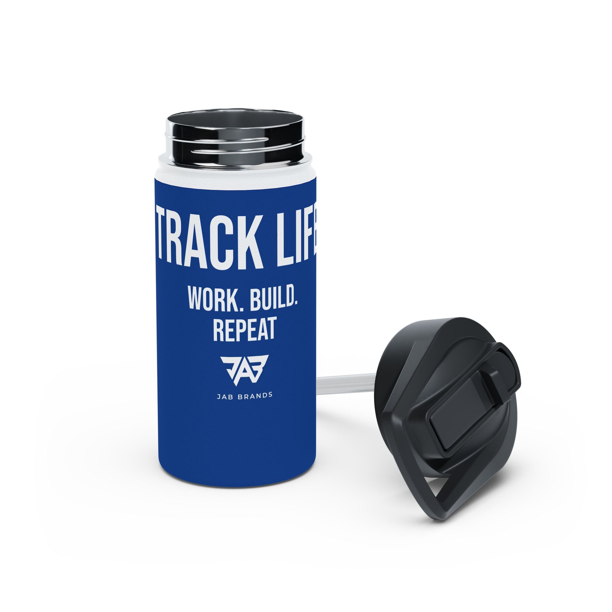 Blue Track Life Stainless Steel Water Bottle — "Work. Build. Repeat." Sports Bottle