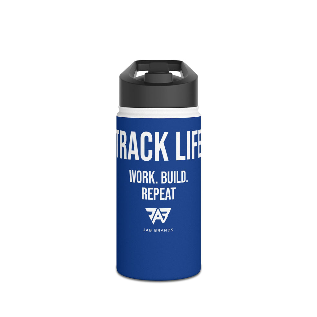 Blue Track Life Stainless Steel Water Bottle — "Work. Build. Repeat." Sports Bottle