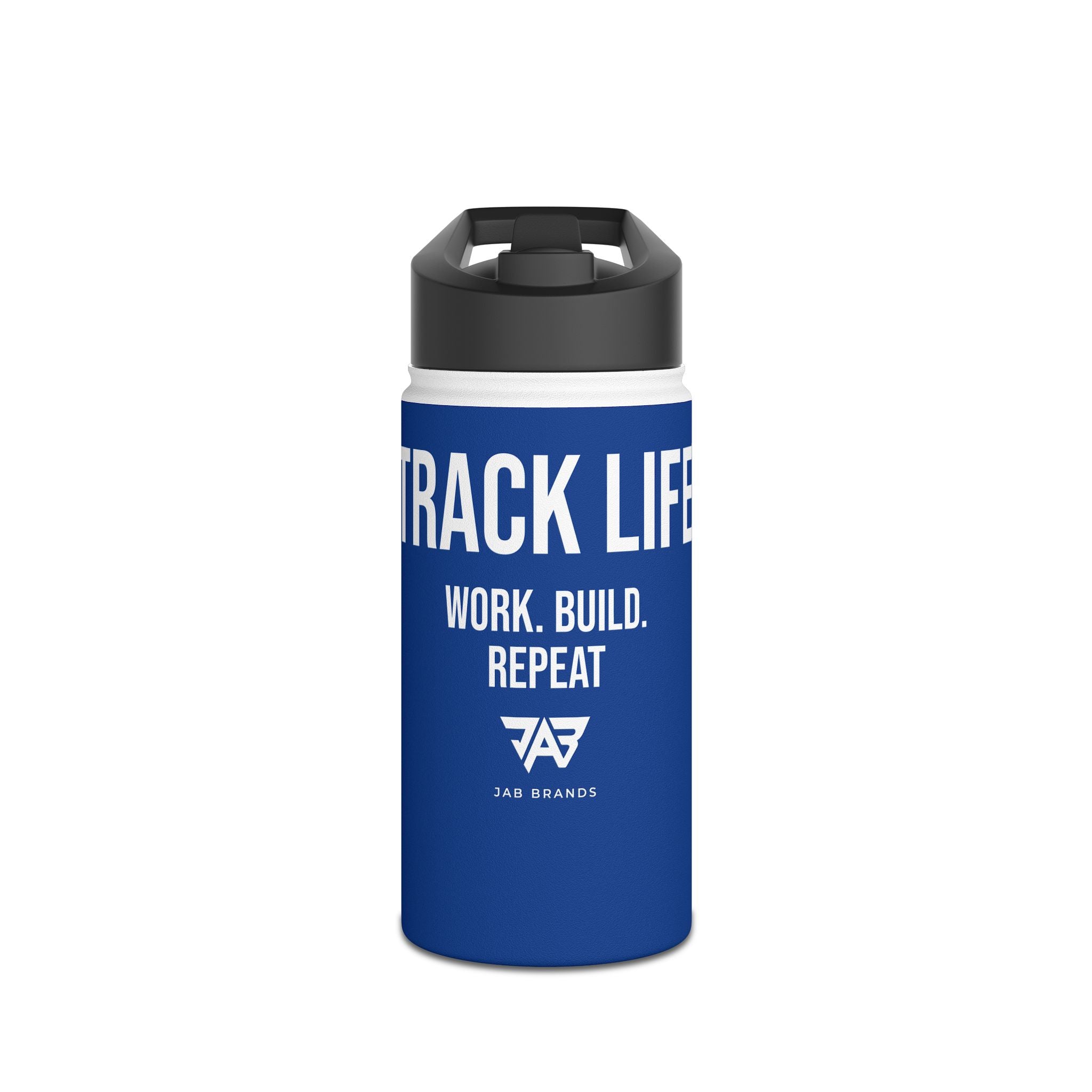 Blue Track Life Stainless Steel Water Bottle — "Work. Build. Repeat." Sports Bottle