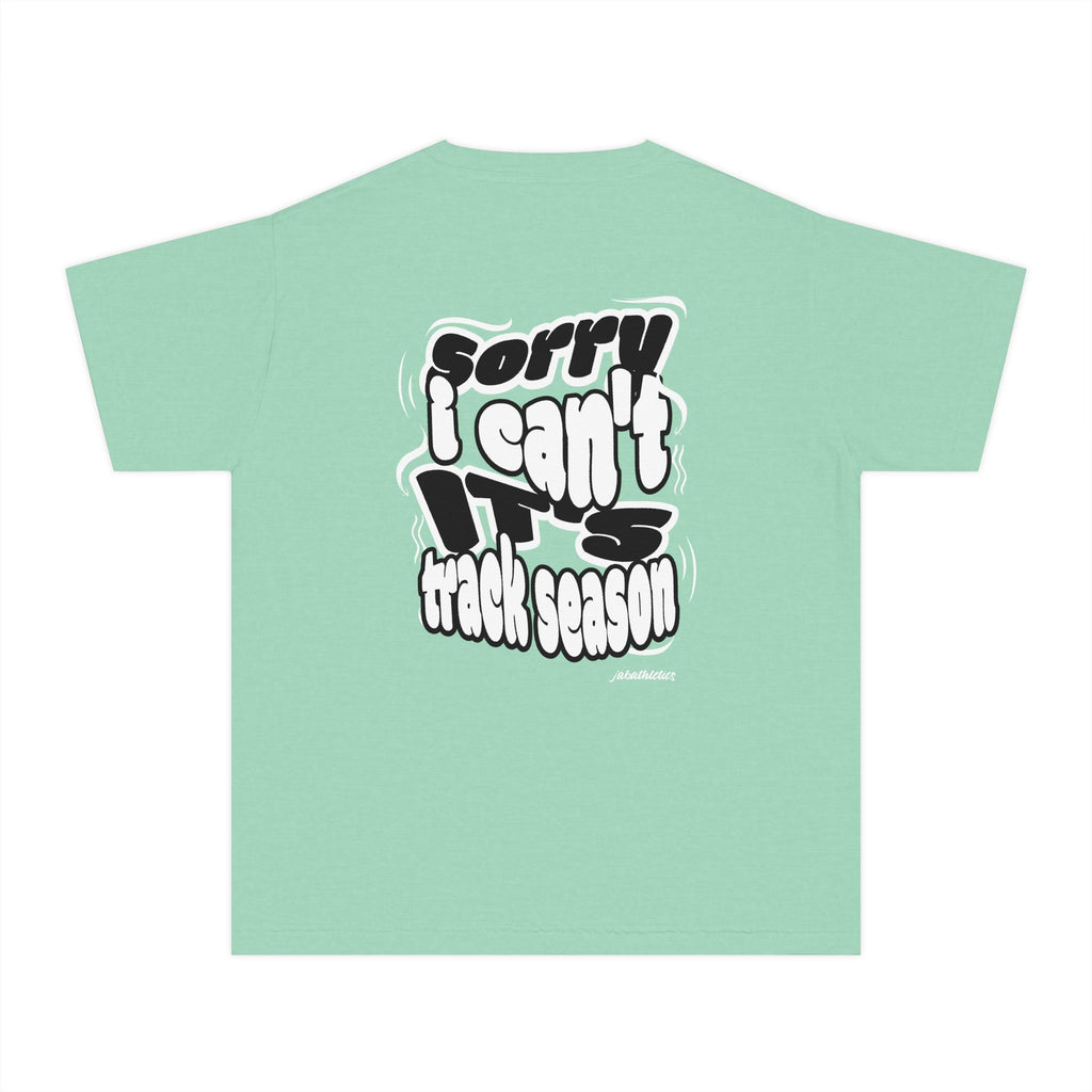 Youth “Sorry I Can’t, It’s Track Season” Retro Graphic Comfort T Shirt (Youth)